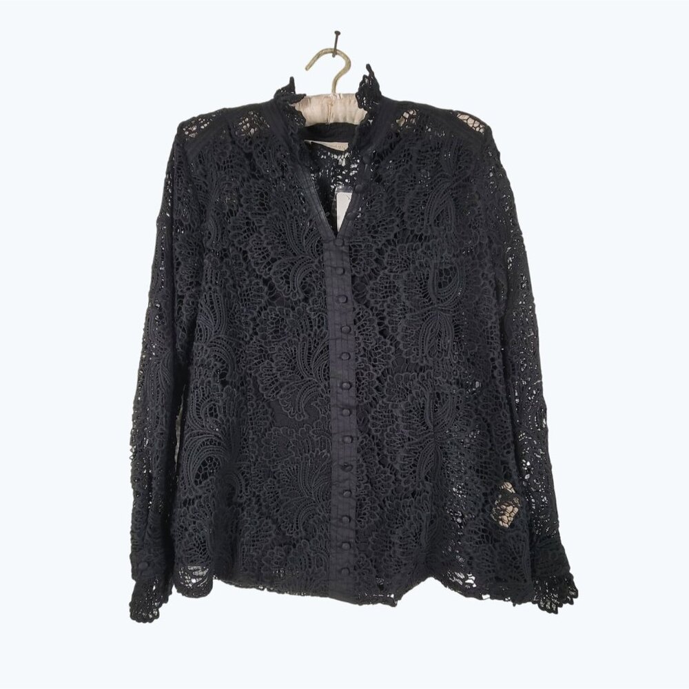 Soft Surroundings Womens Black Lace Button-Up Blouse Shirt Small Long Sleeve New